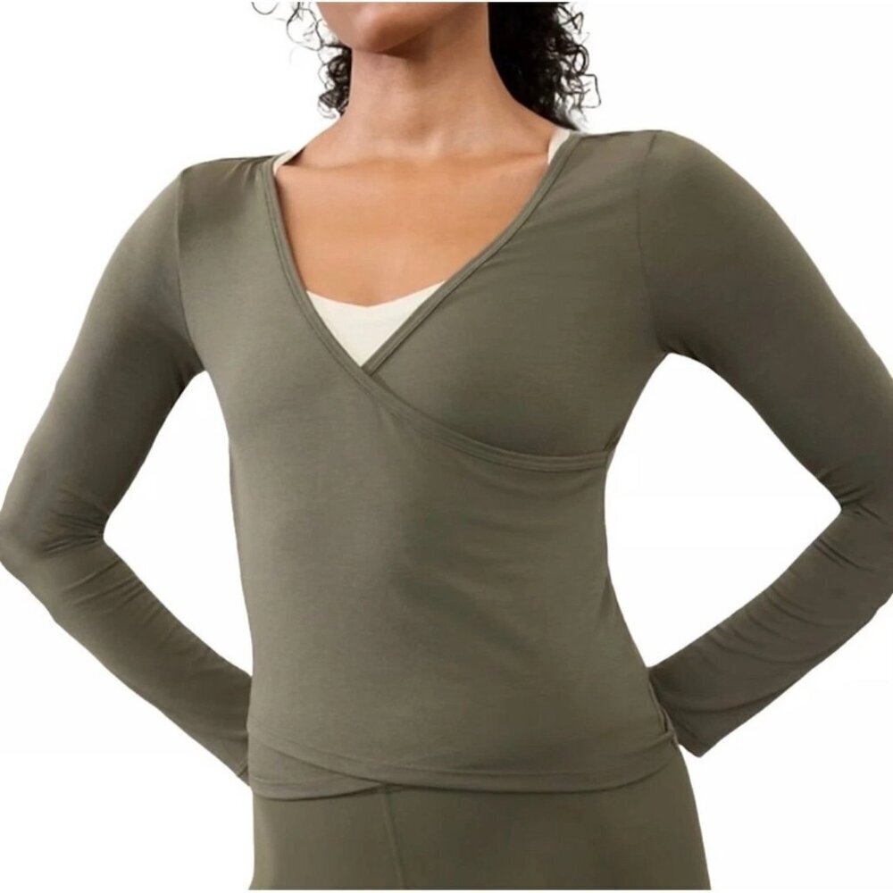 NWT Athleta Fast Track With Ease Rib Reversible Wrap Top Dark Olive Lg
